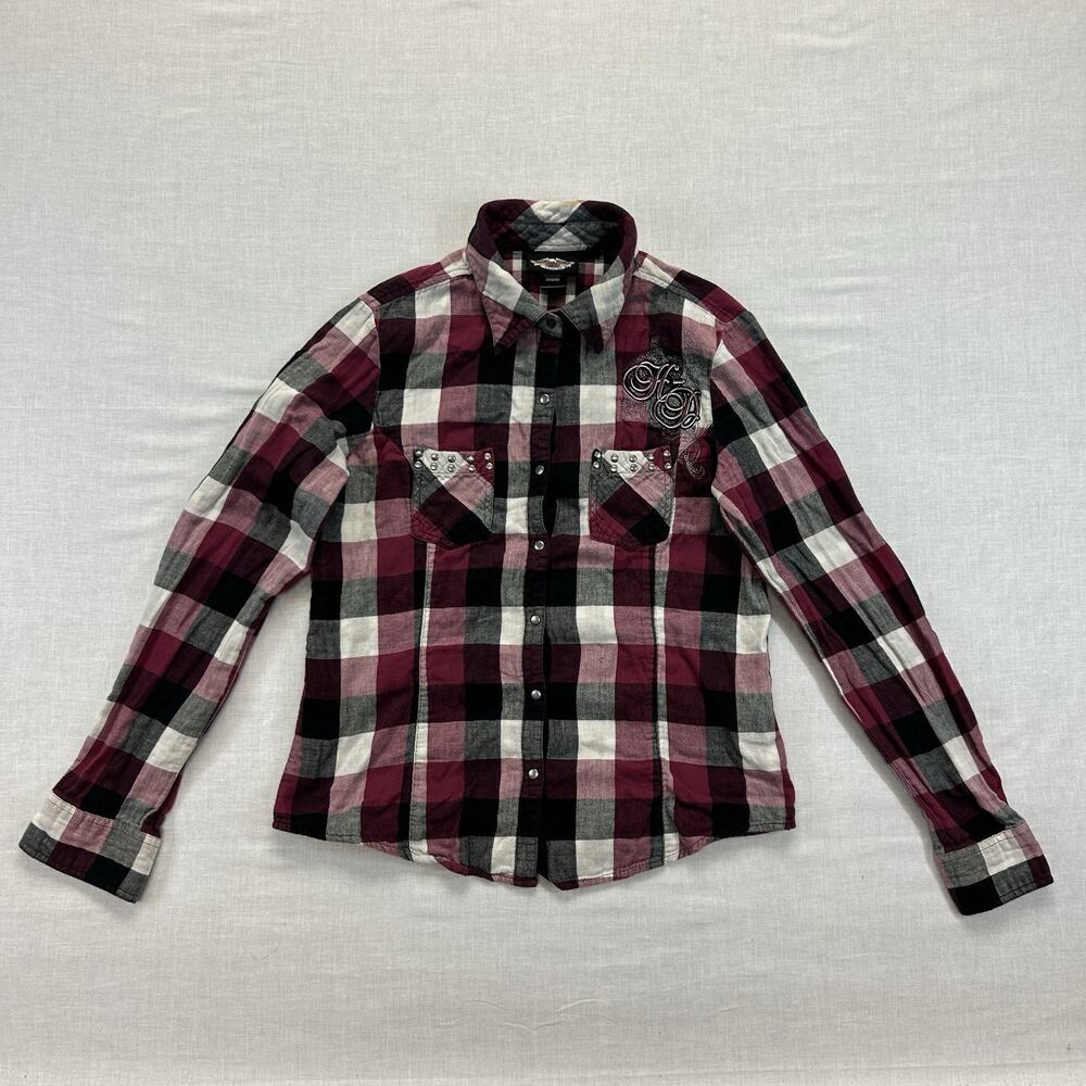 Harley Davidson Long Sleeve Flannel Shirt Womens Medium Red Plaid Snap Button HD